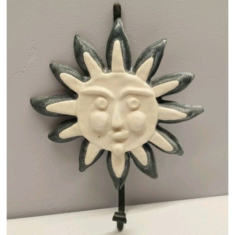 Handmade Ceramic Sun Face Wall Hook Coat Key Towel Hanger Pottery Celestial 8.5"